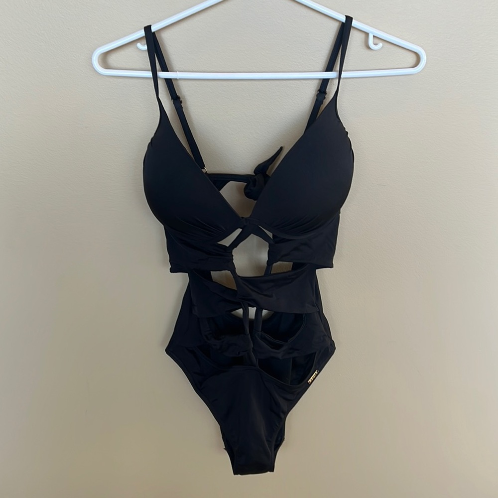 Black cutout one piece swim with underwire support